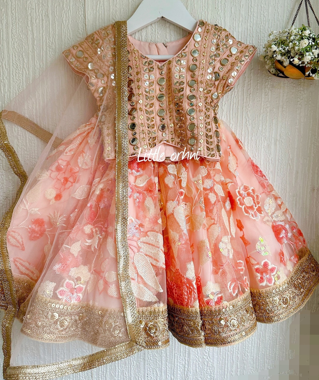 Girls Peach & Brown Zig Zag Flower Digital Print Choli Ready to wear Lehenga