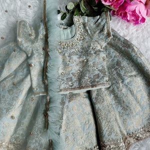 Powder Blue Brocade Lehanga  | Traditional Indian Dress for Girl | Lehenga for Girl | Kid Lehenga Choli Eid Gift