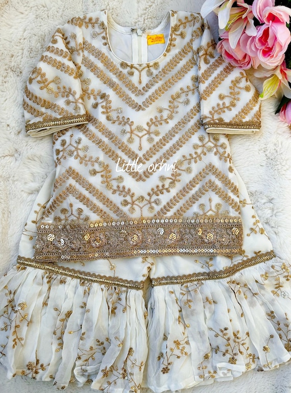 gold eid dress Ivory & Gold Garara Set | Traditional Indian Dress for Girl | Floral Garara Set | Garara for Baby Girl | Baby Eid Dress