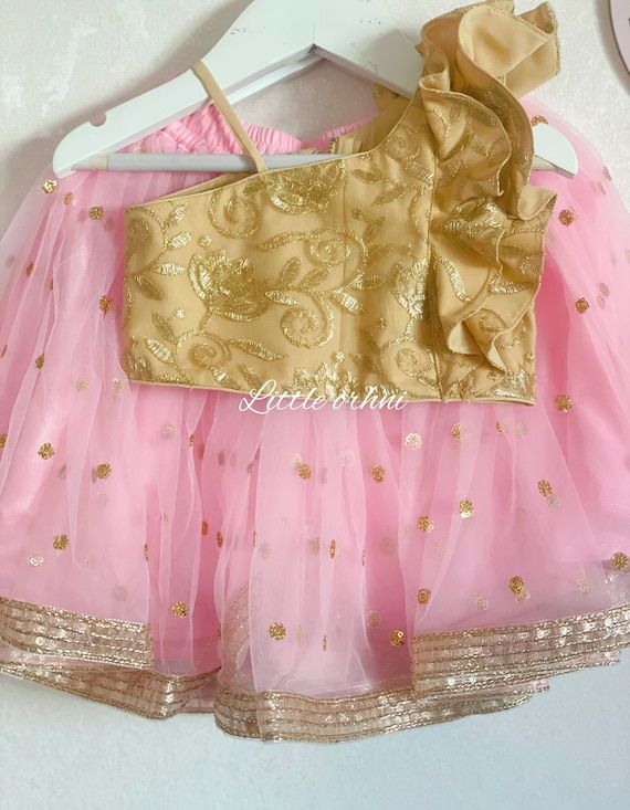 Baby Pink Lehenga Golden Top Lehenga Set in Baby Pink Kid