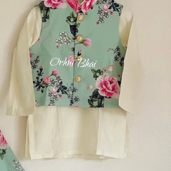 3D Flower Embroidered Jacket-Style Kurta And Pyjama