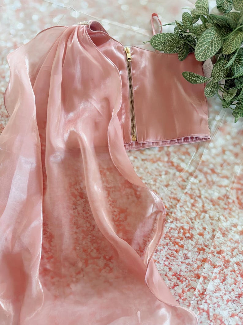 May include: A light pink satin crop top with a gold zipper and matching sheer fabric overlay. The top has a square neckline and thin straps. The sheer fabric drapes over the shoulders. The garment is displayed on a textured surface.