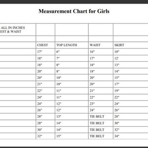 May include: Measurement chart for girls, detailing chest, top length, waist, and skirt measurements in inches. The chart covers ages from 0-3 months to 11 years, with waist measurements indicated as elasticated.