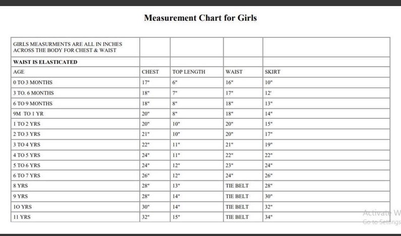May include: Measurement chart for girls, detailing chest, top length, waist, and skirt measurements in inches. The chart covers ages from 0-3 months to 11 years, with waist measurements indicated as elasticated.