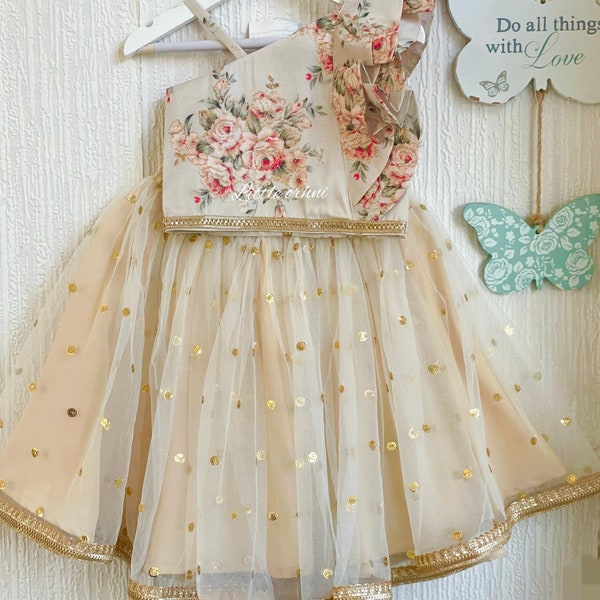 Ivory Gold Floral Lehenga | Girl Indianwear Traditional | Kid Lengha Choli for Baby | Lehenga Choli for Child | Baby Girl Indian Wear