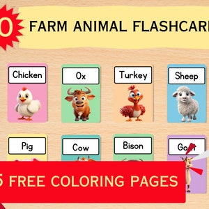 農場の動物モンテッソーリ フラッシュカード - 教育用幼稚園向け印刷可能な PDF、即時ダウンロード、ボーナス塗り絵ページ