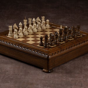 Wooden Chess Set with Storage, Handmade Chess Set w/ Chess Pieces, Chess Boards, Decorative Chess Set, Personalized Wedding Anniversary Gift