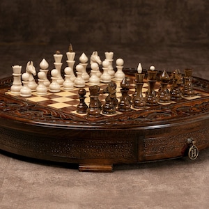 Handmade Round Wood Chess Board with Storage Drawers