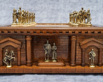 Handle chess Castle, handmade chess with shelves, chess made of wood and bronze