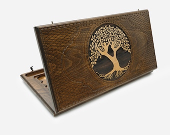 Handmade Chess and Backgammon Board with Tree of Life, Personalized Gift for Board Game Lover, Checkers, Tavli, Folding Chess Set