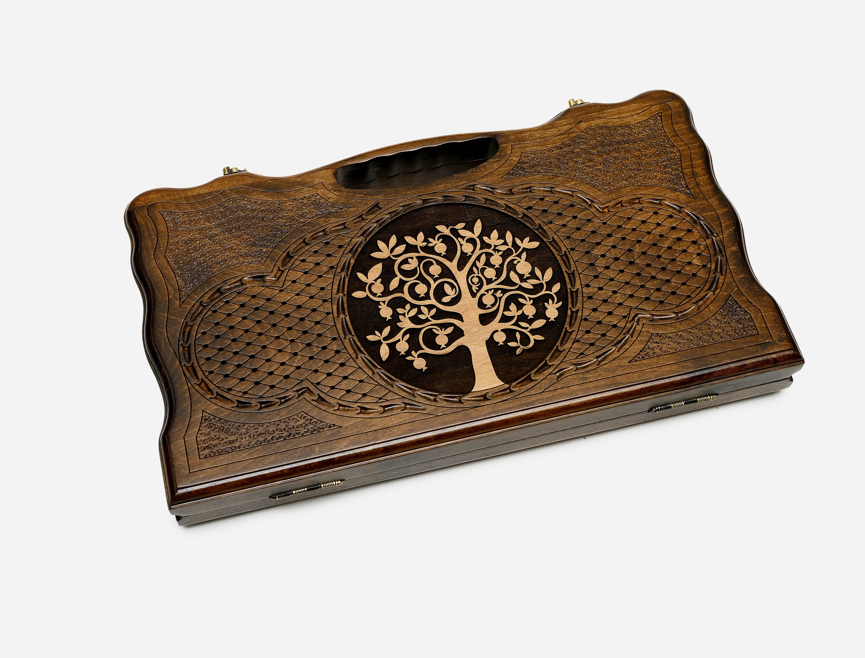 Unique Handmade Wooden Chess Backgammon Board Set w/ Engraved Tree of Life, Folding Chess Set, Travel Friendly, Collapsible Board Game Gift