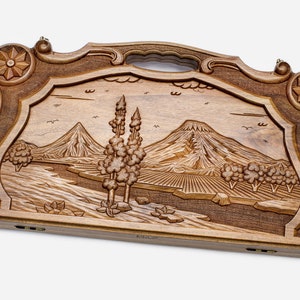 Handmade Folding Wooden Chess Backgammon Set w/ Mountains River Trees, Armenian Wood, Custom Board Game, Travel Lover Personalized Gift