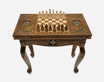 Handle table chess and backgammon Pomegranate, handmade chess and backgammon, luxury game 2 in 1