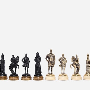 Roman Empire Theme Chess Pieces made of wood and bronze. Hand Carved Rome Inspired Chess Figures, Wood Chess Set, Antique Board Game Pieces