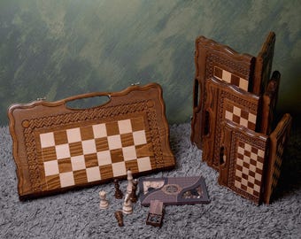 Engraved Wooden Chess and Backgammon Set: Folding Travel Game