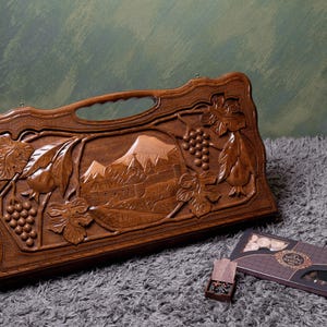 Handmade Chess and Backgammon Board with mount Ararat, Personalized Gift for Board Game Lover, Checkers, Tavli, Folding Chess Set