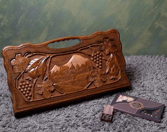 Handmade Chess and Backgammon Board: Mount Ararat Engraving, Personalized Gift