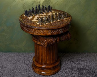 Handmade Wooden Chess Table Set, Luxury Bronze Chessmen