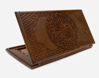 Handmade Engraved Wood Chess and Backgammon Set 60cm size: Folding Travel Board