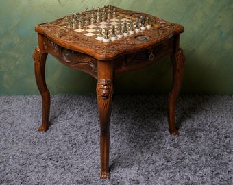 Engraved Lion Chess Table: Wooden Chess Set, Folding Board Game