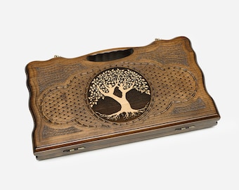 Handle backgammon. handmade backgammon with engraving life tree