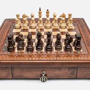 Personalized Chess Board with Drawers, Wooden Chess Set with Storage, Classic Board Games Gift, Checker Board, Anniversary Gifts for Husband