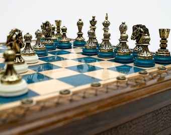 Handmade Blue Epoxy Resin Chess Board w/ Unique Chess Pieces, Luxury Chess Set with Storage, Resin Chess Set, Wooden Board Games Lover Gift
