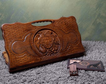 Handmade Chess and Backgammon Board: Armenian Coat of Arms, Personalized Gift