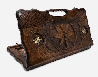 Engraved Wooden Chess Backgammon Set: North Star Bronze Details, Folding Travel Game