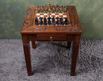 Personalized Handmade Wooden Chess Table with Storage & Bronze Chess Pieces