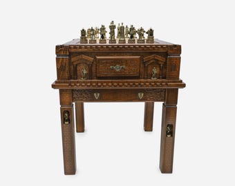 Handmade Table Chess Set Crusaders: Beech & Walnut Wood, Storage Drawers.