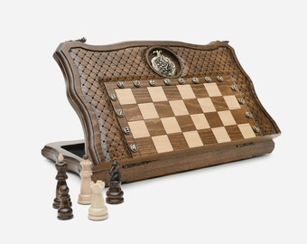 Handle chess board. engraving chess set with bronze pomegranate