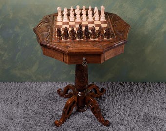 Engraved Wood Chess Table with Storage Drawers: Luxury Game Set