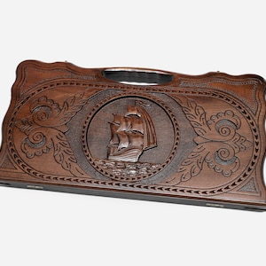 Engraved Boat Backgammon Set: Handmade Armenian Wood 2-in-1 Board Game