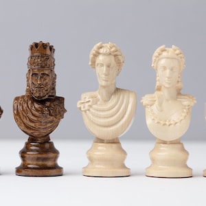 Handmade Wooden Roman Chess Pieces: Carved Antique Board Game Figures