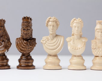Handmade Wooden Roman Empire Theme Chess Pieces Only, Hand Carved Rome Inspired Chess Figures, Wood Chess Set, Antique Board Game Pieces