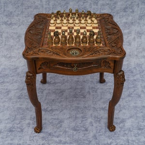 Custom Engraved Chess Table W/ Lion, Wooden Chess Set, Checker Board ...