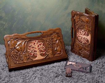 Handmade Celtic Tree of Life Chess and Backgammon Board - Folding Wooden Set