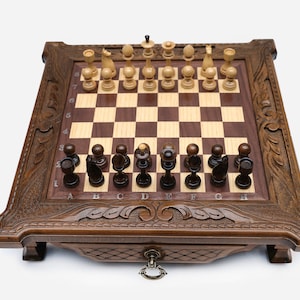 Custom Engraved Wooden Chess Board with Drawers, Handmade Chess Set w/ Wood Chess Pieces, Chess Boards, Chess with Storage Personalized Gift
