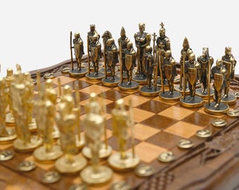 Handmade Folding Chess and Backgammon Set: Engraved Wood, Bronze Pieces