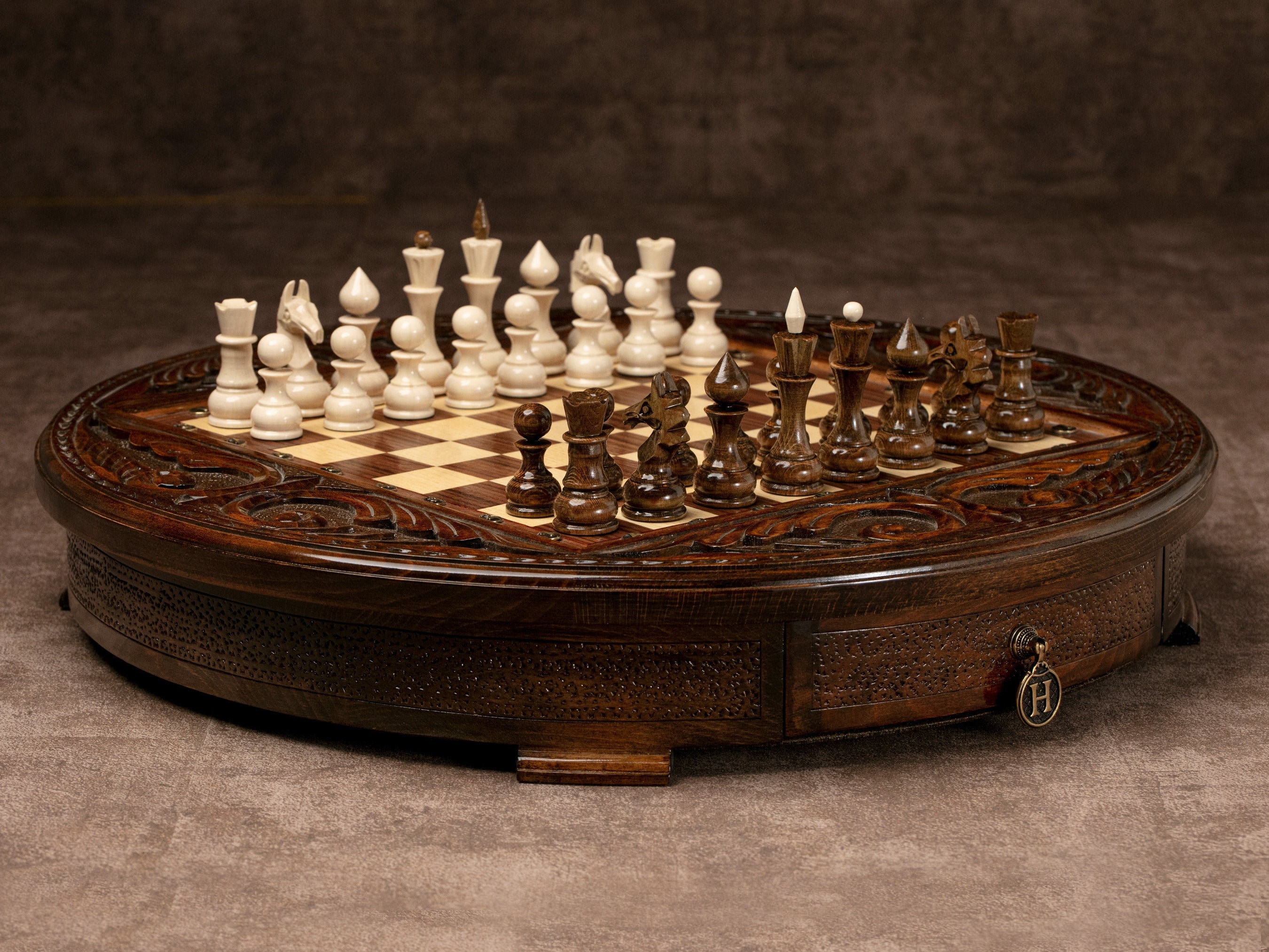 Handmade Round Chess Board With Storage, Chess Set With Drawers ...