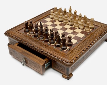 Luxury Wooden Chess Set With Storage, Checker Board, Armenian Wood, Handmade Chess Set, Classic Board Games Gift, Husband Anniversary Gift