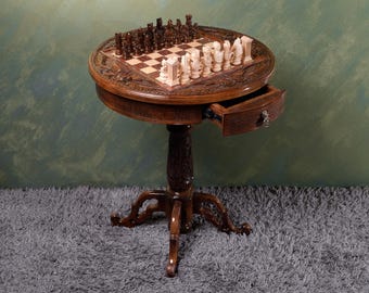 Engraved Wood Chess Table with Roman Chess Pieces & Storage Drawers