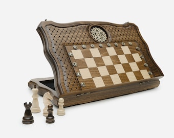 Handle chess board. engraving chess set with bronze ornaments