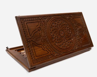 Handmade Engraved Wood Chess and Backgammon Set 60cm size: Folding Travel Board