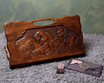 Handmade Engraved Wooden Chess Backgammon Set, Folding Board, Personalized Gift