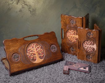 Handmade Celtic Tree of Life Chess Backgammon Set: Folding Board Game