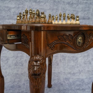 Custom Engraved Chess Table W/ Lion, Wooden Chess Set, Checker Board ...