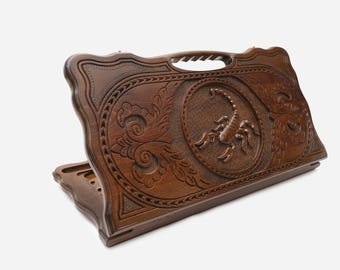 Engraved  animal Scorpion. Wooden Chess and Backgammon Board Set: Handmade Folding Travel Game