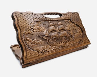Engraved Boat Backgammon Set with handmade bronze backgammon piecess